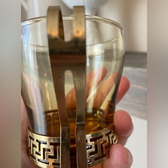 4 Vtg Libbey Amber Continental Greek Key Cups Gold Colored...